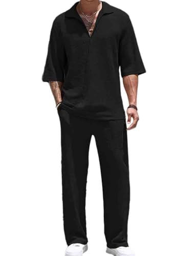 seiveini Sportanzug Herren Polo Shirt Kurzarm und Lang Hosen Fitnessanzug Workout Set Männer 2 Teiliges Sommer Leicht Atmungsaktiv Streetwear A Schwarz S von seiveini
