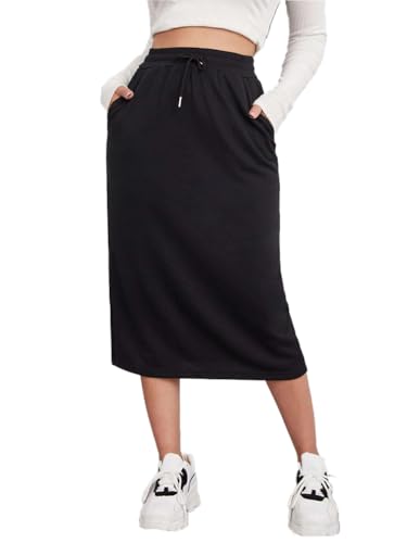 seiveini Sportrock Damen Chic Sweatrock Langer Stretch Sommerrock Hohe Taille mit Kordelzug Gerades Rock mit Schlitz Elastisch Hüftenrock Partyrock A Schwarz XXL von seiveini