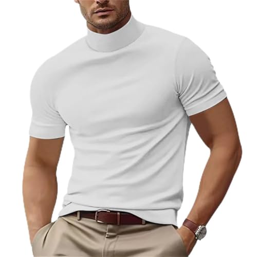 seiveini Stehkragenshirt Kurzarm Herren Unterhemd Slim Fit Männer T-Shirt Kurzarm Rollkragen Basic Tops Einfarbig Underwear Herren Stehkragen Shirt Männlich Bluse Casual A Weiß XXL von seiveini
