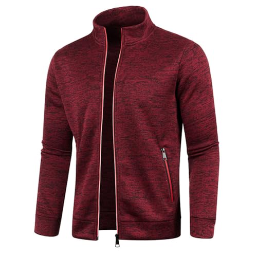 seiveini Strickjacke mit Stehkragen Herren mit Reißverschluss und Taschen Cardigan Fleecejacke Leichte Einfarbig Mode Schlichter Pullover Langarm Sweatjacke mit Reißverschluss A Weinrot 3XL von seiveini