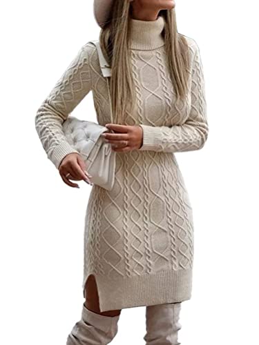 seiveini Strickkleid Damen Elegante Pulloverkleid Rollkragen Strickpullover Langarm Pulli Warme Tunika Winter Sweater Chic Oversize Casual B Aprikose S von seiveini