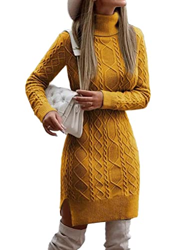 seiveini Strickkleider Damen Winter Warm Rollkragenpullover Lang Winterkleid Stricken Kleider Minikleid für Frauen Knielanges Kleid Winter Lose Wickelkleid Tunika Pullover B Gelb S von seiveini