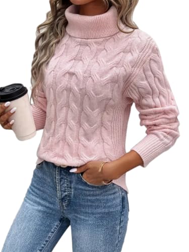 seiveini Pullover Damen Winter Rollkragenpullover mit Zopfmuster Grobstrick Strickpullover Warm Winterpullover Damenpullover A Rosa S von seiveini