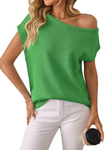seiveini Strickpullover Damen Sommer Frühling Kurzarm Pullover Schulterfrei T-Shirt Casual Kurze Ärmel Knitted Stretch Sweatshirt Sweater Shirt A Grün S von seiveini