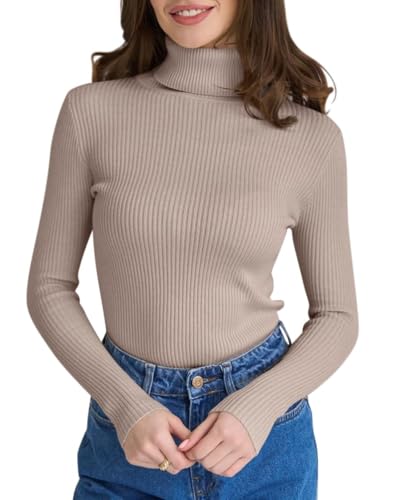 seiveini Strickpullover Damen Warm Rollkragenpullover Slim Fit Langarm Strickpulli Elegant Pulli Baselayer Damen Feinstrickpullover Einfarbig Retro Knitted Langarmshirt Herbst Winter A Khaki L von seiveini