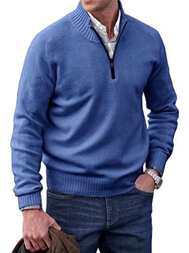 seiveini Strickpullover Herren Stehkragen mit Reißverschluß Zip Pullover Baumwolle Stretch Feinstrickpullover Herbst Winter Langarm Einfarbig Sweater A Blau L von seiveini