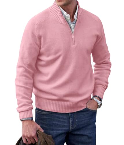 seiveini Strickpullover Herren Stehkragen mit Reißverschluß Zip Pullover Baumwolle Stretch Feinstrickpullover Herbst Winter Langarm Einfarbig Sweater A Rosa XL von seiveini