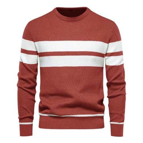 seiveini Gestreift Pullover Herren Strickpullover Langarm Rundhals Winterpullover Männer Arbeitpullover Warm Pulli Sweater A Rot XL von seiveini