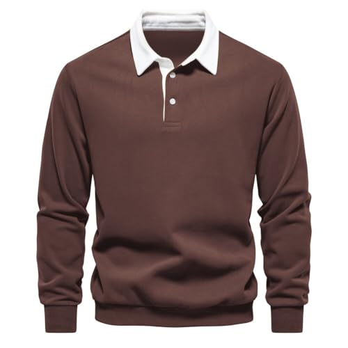 seiveini Sweatshirt Herren Polo Langarmshirts Classic Kontrast Golfshirts Revers mit Knopf Leicht Atmungsaktiv Tennis Arbeit Polo T-Shirts Tops Männer Pullover Sport Casual A Braun L von seiveini