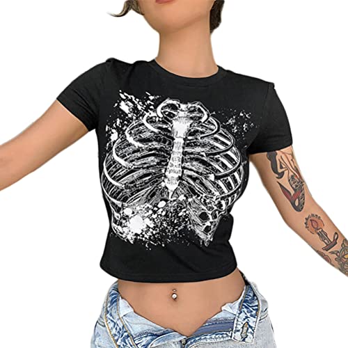 seiveini T-Shirt Damen Y2K Sommer Harajuku E-Girl Retro 90er Briefdruck Grafikdruck Streetwear Bodycon Crop Tops Casual Rundhals Sexy Kurzarm Tops Grunge Oberteile A Schwarz L von seiveini