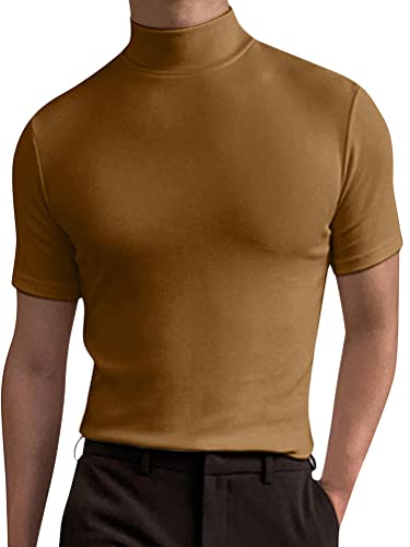 seiveini Rollkragen T-Shirt Herren Kurzarm Shirt Hemd Basic Tops Rollkragenpullover Sommer Oberteil Einfarbig Unterhemd Slim Fit A Khaki XL von seiveini