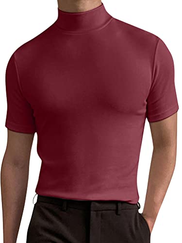 seiveini Rollkragen T-Shirt Herren Kurzarm Shirt Hemd Basic Tops Rollkragenpullover Sommer Oberteil Einfarbig Unterhemd Slim Fit A Weinrot XL von seiveini