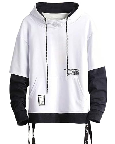 seiveini Techwear Herren Hip Hop Hoodie Streetwear Druck Kapuzenpullover mit Kordelzug Tasche Oversized Mode Langarm Jumper Beiläufig Hoodie Sweatshirt Kapuzenpulli L Weiß L von seiveini