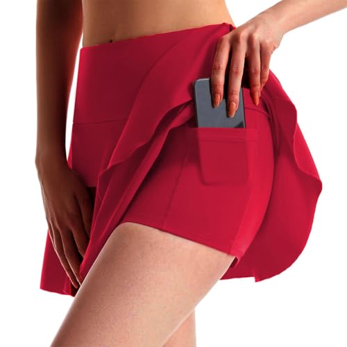 seiveini Tennis Rock mit Hose Damen Mini Tennisrock High Waist Skort Damen Tennis Skort Sommer Mini Tennisröcke Sport Wanderrock Golfrock mit Tasche & Innenhose für Laufen A Rot M von seiveini