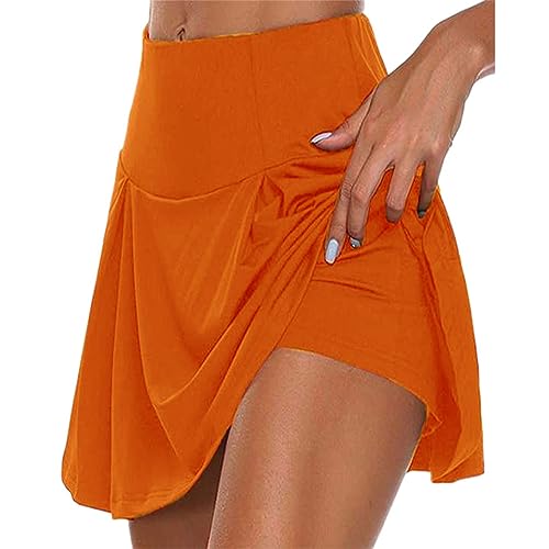 seiveini Tennis Skort Damen Sport Rock mit Shorts Laufrock Minirock Tennisrock 2 in1 Hosenrock Sommerrock Minirock Tennis Skirt Outdoor Workout Golf Running A Orange S von seiveini