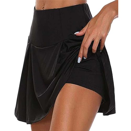 seiveini Tennis Skort Damen Sport Rock mit Shorts Laufrock Minirock Tennisrock 2 in1 Hosenrock Sommerrock Minirock Tennis Skirt Outdoor Workout Golf Running A Schwarz L von seiveini