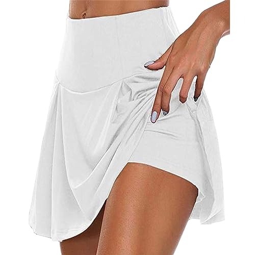 seiveini Tennisrock Rock mit Hose Drunter Damen Sport Skirt Fitness Jogging Faltenrock mit Tasche Kurzer Golf Rock Elastisch Leicht Atmungsaktiver Stretch Tennisröcke A Weiß S von seiveini