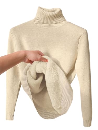 seiveini Thermo-Unterhemd Damen Gefüttert Plüsch Strickpullover Langarm Winter Pullover Thermounterwäsche Langarmshirt mit Rollkragen Thermo Hemd Frauen Base Layer Pulli Sweater A Aprikose XL von seiveini