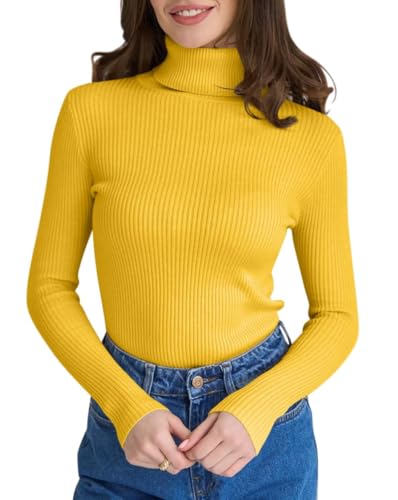 seiveini Rollkragenpullover Damen Slim Fit Rollkragen Strickpullover Warme Thermounterwäsche Frauen Pulli Einfarbig Base Layer Herbst Winter A Gelb M von seiveini