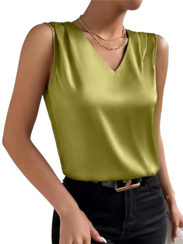 seiveini Tops Damen Satin Tank Top Basic Cami Sommer Weste Lässige V-Ausschnitt Tanktops Ärmellose Camisole A Grün XL von seiveini