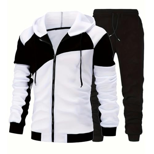 seiveini Trainingsanzug Herren Jogginganzug Herbst Winter 2 Teiliges Sport Outfits Tracksuit Colorblock Sweatjacke mit Kapuze und Sporthosen A Weiß M von seiveini