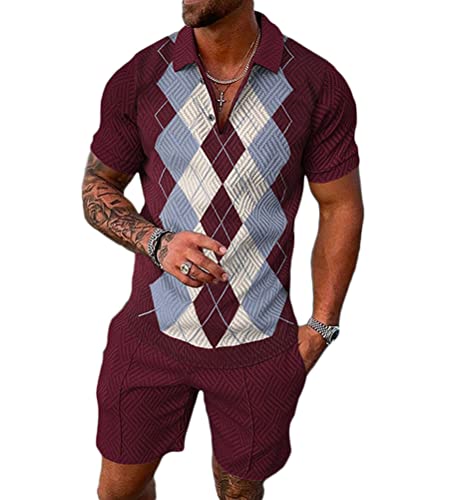 seiveini Trainingsanzug Herren Kurzarm Polo Hemd mit Shorts Jogginganzug Sommer 2 Teiliges Freizeitanzug Kurz Tracksuit D17 3XL von seiveini