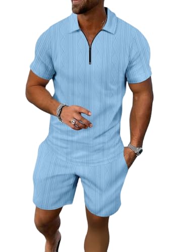 seiveini Trainingsanzug Herren Kurzarm Poloshirt Shorts Set Sommer Zweiteiler Sport Outfit Polo Anzug Jogginganzug A Hellblau L von seiveini