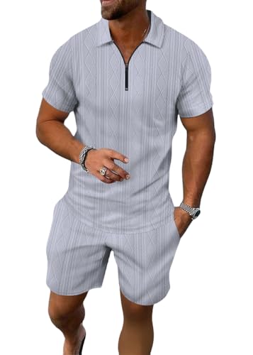 seiveini Trainingsanzug Herren Kurzarm Poloshirt Shorts Set Sommer Zweiteiler Sport Outfit Polo Anzug Jogginganzug A Hellgrau L von seiveini