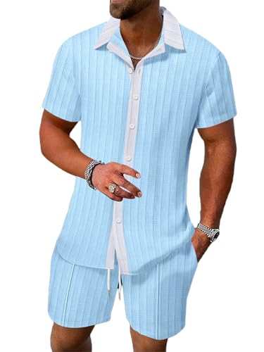 seiveini Trainingsanzug Herren Kurzarm Sommer Freizeitanzug Männer Polo Hemd + Shorts Zweiteiler Casual Colorblock Streetwear D Hellblau S von seiveini