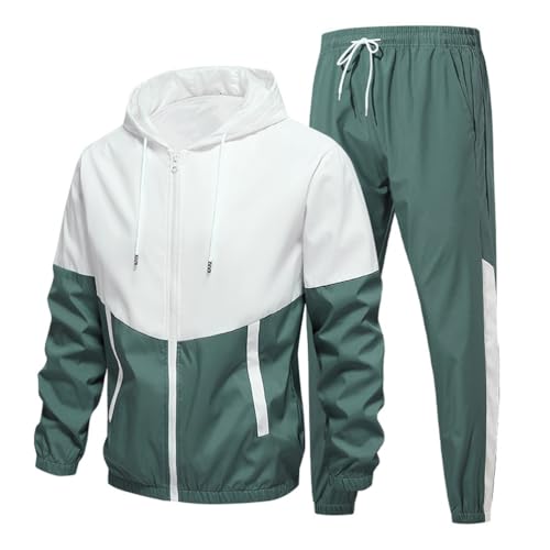 seiveini Trainingsanzug Herren Langarm Jogginganzug Colorblock Zip Up Sweatjacke Con Kapuze mit Hosen Lang Sportananzug Freizeitanzug Sport Outfits A Grün 4XL von seiveini