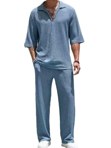 seiveini Trainingsanzug Herren Polo + Hosen Lang Zweiteiler Kurzarm Jogginganzug Sommer Sport Outfit Set Sportanzug Poloshirt und Freizeithosen A Blau XXL von seiveini