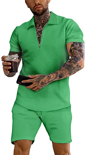 seiveini Trainingsanzug Herren Polo + Kurze Hose Set Zweiteiler Jogginganzug Sommer Lose Outfit Sportanzug Kurzarm Tshirts-Shorts Set Freizeitanzug Sportbekleidung Fitnessanzug A Grün XL von seiveini