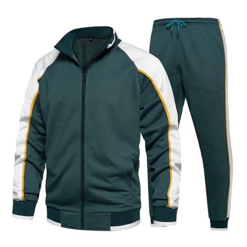 seiveini Trainingsanzug Herren Zip Up Jogginganzug Colorblock Sweatjacke Con Kapuze mit Hosen Lang Sportananzug Freizeitanzug Sport Outfits A Grün L von seiveini