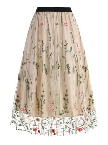 seiveini Tüllrock Damen Langer Rock Elegant Tüll Plisseerock A Linie Maxirock Swing Röcke Hohe Taille Großer Saum Rock mit Blumenmuster Vintage Faltenrock Prinzessin Tüll Unterrock C Aprikose XL von seiveini