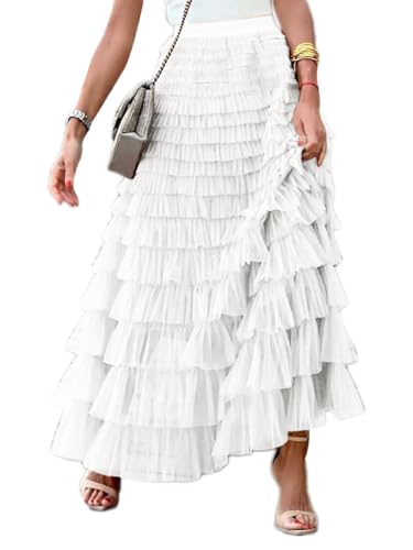 seiveini Tüllrock Damen Langer Rock Elegant Tüll Plisseerock A Linie Maxirock Swing Röcke Hohe Taille Großer Saum Rock mit Tausend Lagen Faltenrock Prinzessin Tüll Unterrock A Weiß M von seiveini