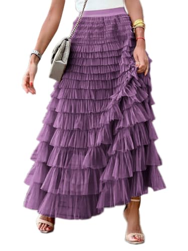 seiveini Tüllrock Lang Damen Elegant Tüll Maxiröcke A Linien mit Elastischer Bund Mesh-Chiffon-Faltenrock mit Blumen Hohe Taille Sommerrock Freizeitrock Tutu Rock A Dunkelviolett L von seiveini