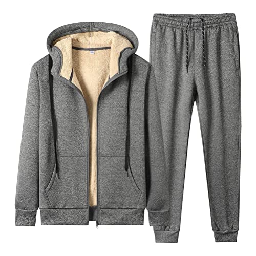 seiveini Winter Sportanzug Herren Baumwolle Gefütterte Jogginganzug Kapuzenjacke mit Reißverschluss + Hosen Fleece-Innenseite 2-Teilig Fleece Gefüttert Warm Hausanzug A Grau S von seiveini