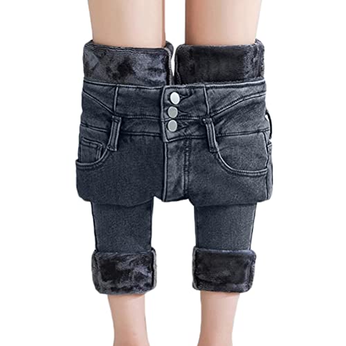 seiveini Winterjeans Warme Damen Jeans Hosen Plüsch Gefütterte Denim Hosen Stretchy Winter Jeans Damen Thermojeans Fleece Straight Hose Weitem Lang Hose D Grau 25 von seiveini