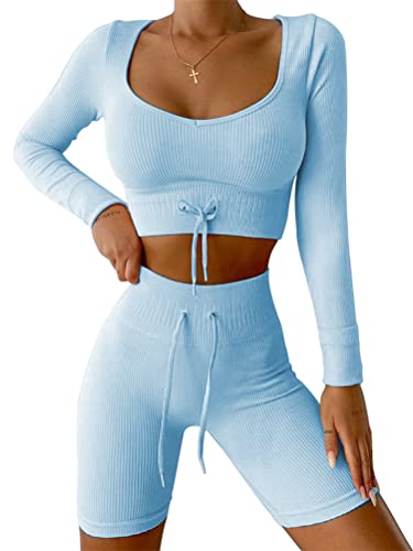 seiveini Workout Outfits für Damen 2-Teiliges Nahtlos Yoga Outfits Hohe Taille Leggings Sportanzug Trainingsanzüge Set Frauen Winter Einfarbig Activewear A Blau L von seiveini