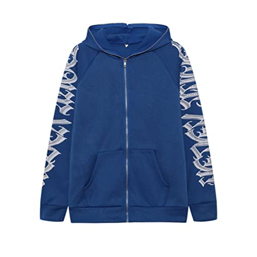 seiveini Y2k Hoodie Damen Langarm Sweatshirt Skelett Digitaldruck mit Reißverschluss Strass Sweatjacke mit Tasche Oversize Jacke Y2K Winter Bluse Casual Mode A6 Blau S von seiveini