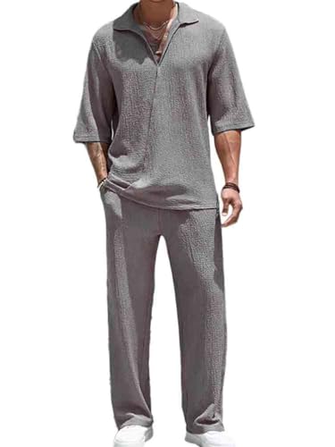 seiveini Zweiteiler Herren Kurzarm Polo 2-Teiliges Polohemd + Hosen Set Einfarbig Freizeitanzüge Locker Strandanzug Männer Pyjamas Set Sportbekleidung A Grau M von seiveini