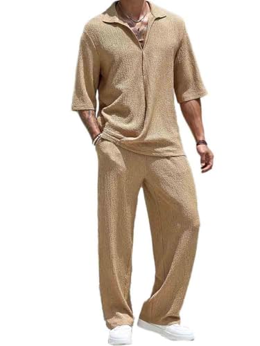seiveini Zweiteiler Herren Kurzarm Polo 2-Teiliges Polohemd + Hosen Set Einfarbig Freizeitanzüge Locker Strandanzug Männer Pyjamas Set Sportbekleidung A Khaki S von seiveini