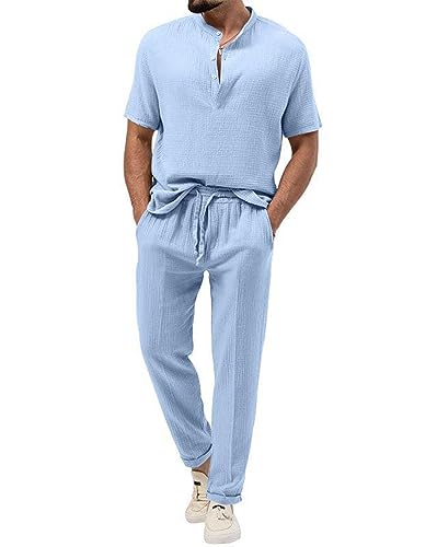 seiveini Leinenanzug Herren Sommer Zweiteiler aus Baumwolle Leinen Outfits Hausanzug Casual Strand Sport B Blau XL von seiveini