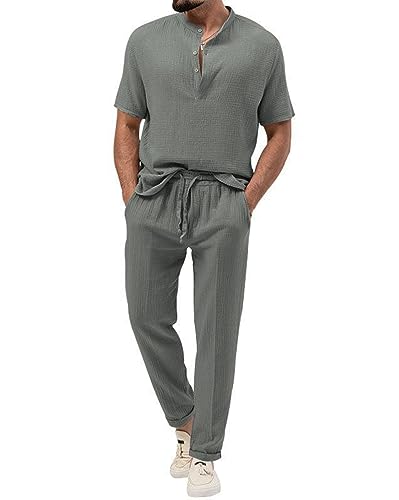 seiveini Freizeitanzug Herren Leinenanzug Sommer 2-Teiliges Hemd und Hosen Baumwolle Leinen Anzug Tracksuit B Grau XXL von seiveini