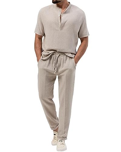 seiveini Zweiteiler Herren Leinenanzug Sommer Freizeitanzug 2-Teiligs Kurzarm Leinenhemd und Hosen Set Outfits Casual Jogginganzug Trainingsanzug Sportanzug Einfarbig B Khaki L von seiveini