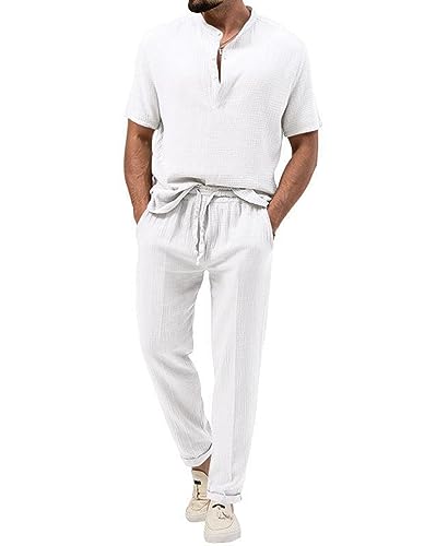 seiveini Zweiteiler Herren Leinenanzug Sommer Freizeitanzug 2-Teiligs Kurzarm Leinenhemd und Hosen Set Outfits Casual Jogginganzug Trainingsanzug Sportanzug Einfarbig B Weiß XXL von seiveini