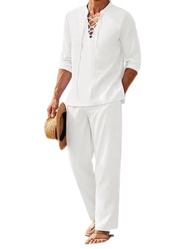 seiveini 2-Teiliges Herren Sommer Leinen Freizeitanzug Leinenhemd und Leinenhose Strand Anzug Männer Pyjama Set C Weiß XL von seiveini