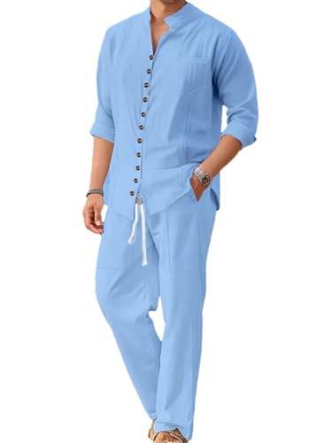 seiveini Zweiteiler Herren Leinenanzug Sommer Leicht Atmungsaktiv Freizeitanzug Kurzarm 2-Teiligs Leinenhemd und Hosen Set Outfits Jogginganzug Trainingsanzug Sportanzug B Hellblau L von seiveini