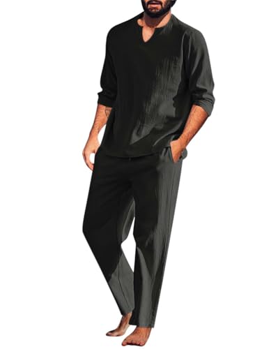 seiveini 2-Teiliges Herren Sommer Leinen Freizeitanzug Leinenhemd und Leinenhose Strand Anzug Männer Pyjama Set A Schwarz L von seiveini