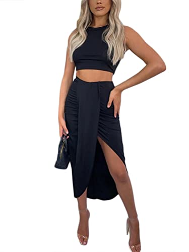 seiveini Zweiteiliger Damen Elegant 2 teiler Oberteile Top Ärmellos mit Lang Rock Bodycon Zweiteilige Sommer Slim Fit Freizeitanzug Chic mit Drucken Damen Sets Sexy B Schwarz S von seiveini